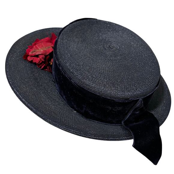 Vintage boater style ladies hat navy blue & faded red flower on velvet hatband main image 5